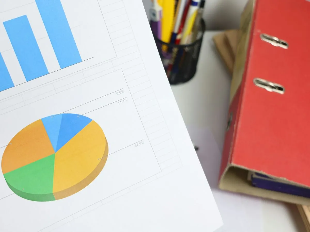 Printed report with bar and pie charts next to a ring binder